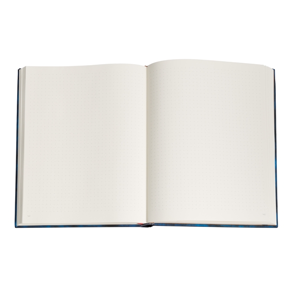 Open notitieboek met dot-grid pagina's en blauwe kaft