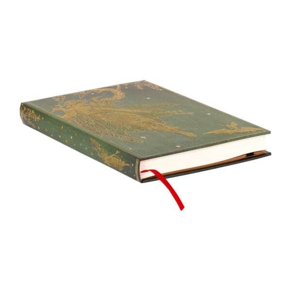 Groen notitieboek met gouden illustraties en rode lintmarkeerder