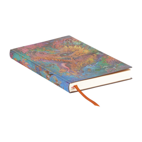 Notitieboek met kleurrijke drakenillustratie en oranje lint