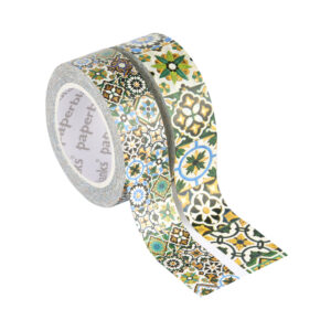 Roll washi tape met kleurrijk mozaïekpatroon op witte achtergrond