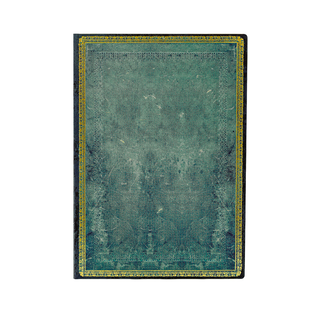 Notitieboek met blauwgroene omslag en gouden rand