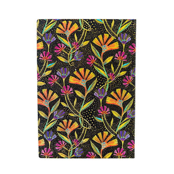 9781439797419 Wild Flowers - Dot Grid - Midi - Back Notitieboek met kleurrijk bloemenpatroon op zwarte achtergrond