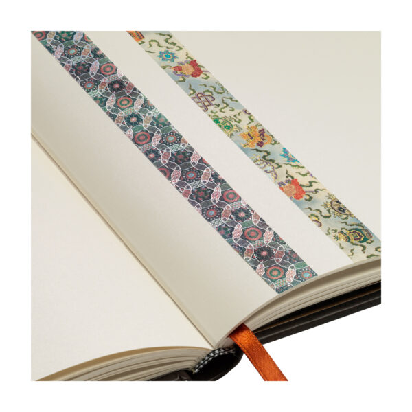Twee washi tapes met chakra- en bloemmotieven op open notitieboek