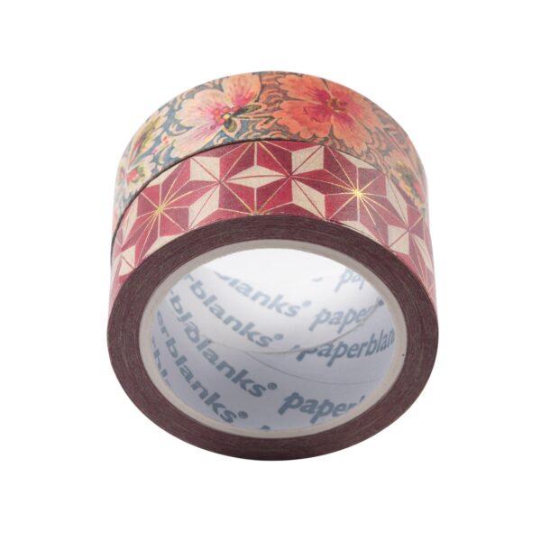 Rol washi tape met bloemen- en geometrisch patroon op witte achtergrond