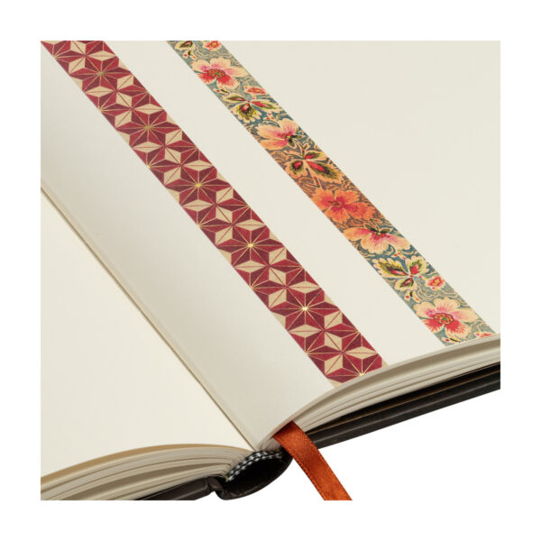 Twee washi tapes met bloem- en geometrisch patroon op open notitieboek