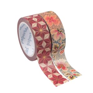 Twee rollen washi tape met bloemen- en geometrisch patroon op witte achtergrond