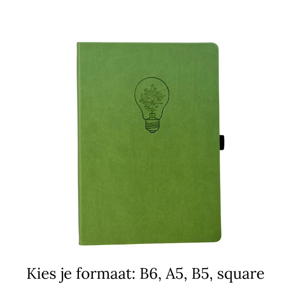 Groen notitieboek met lichtbol-ontwerp en zwart elastiek