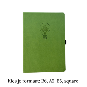 Groen notitieboek met lichtbol-ontwerp en zwart elastiek