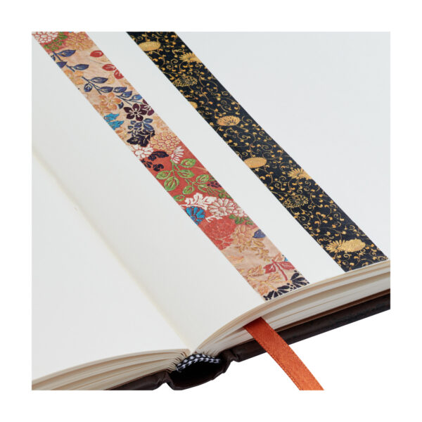 Twee rollen washi tape met bloemenpatronen op open notitieboek