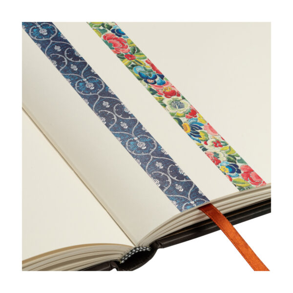 Twee washi tapes met bloemenpatronen op open notitieboek