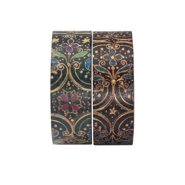 Twee rollen washi tape met gedetailleerd ornamentaal patroon op donkere achtergrond