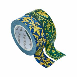 Roll washi tape met blauw-groen patroon en gouden ornamenten