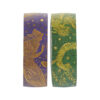 Twee rollen washi tape met gouden illustraties op paarse en groene achtergrond