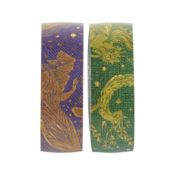 Twee rollen washi tape met gouden illustraties op paarse en groene achtergrond