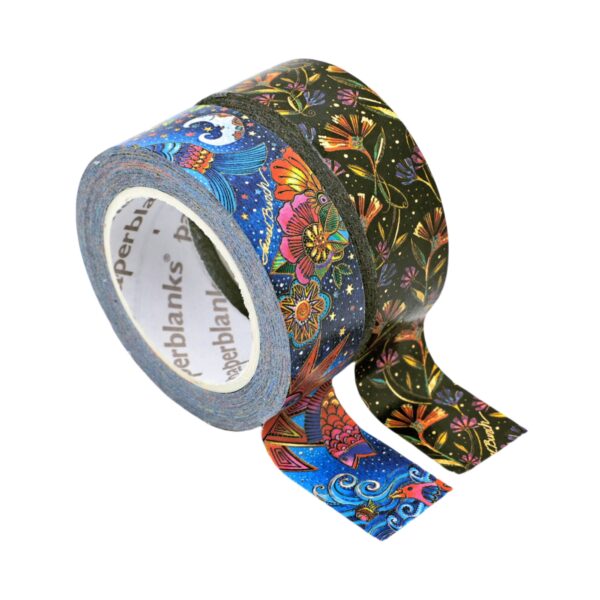 Twee rollen washi tape met bloemen- en vogeldesign op witte achtergrond