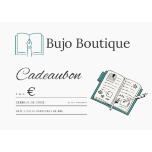Cadeaubon van Bujo Boutique met illustratie van een notitieboek en pen