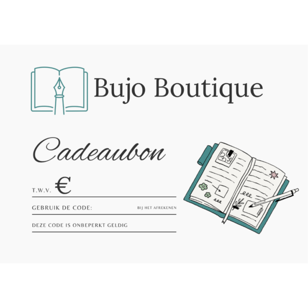 Cadeaubon van Bujo Boutique met illustratie van een notitieboek en pen