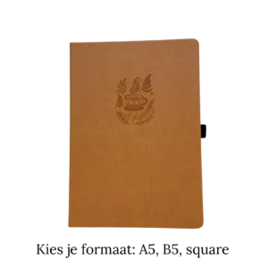 Notitieboek met koffiekop- en bladmotief op camelkleurige kaft