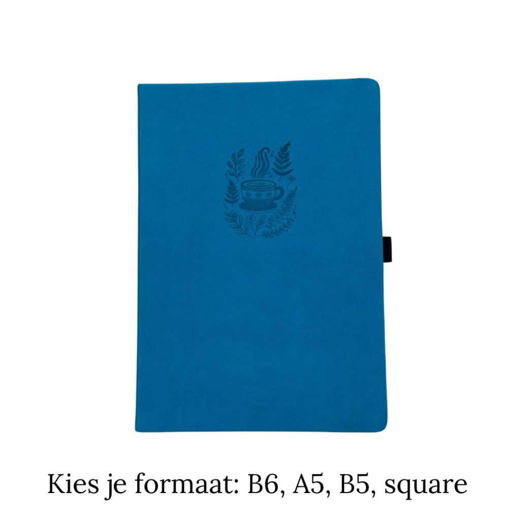 Blauw notitieboek met koffiekop-ontwerp en zwarte band