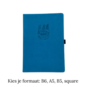 Blauw notitieboek met koffiekop-ontwerp en zwarte band