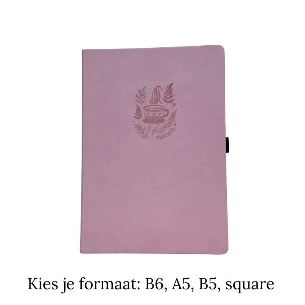 Lichtroze notitieboek met koffiekop en bladmotief op de voorkant