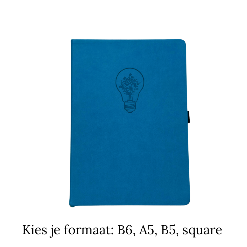 Blauw notitieboek met lichtbol-ontwerp en bloemenpatroon op de voorkant