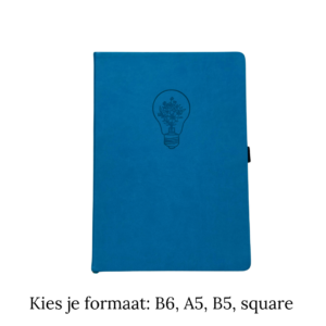 Blauw notitieboek met lichtbol-ontwerp en bloemenpatroon op de voorkant