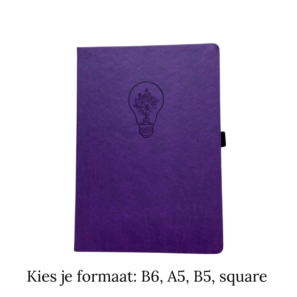 Paars notitieboek met bloemenmotief in lichtbuisvorm op de voorkant