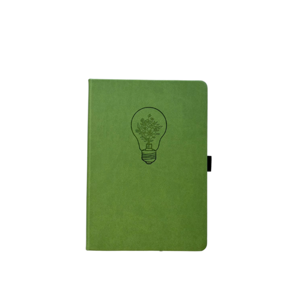 Groen notitieboek met lichtbol- en bloemontwerp op de voorkant