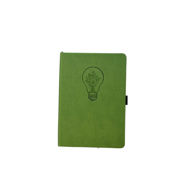 Groen notitieboek met lichtbol-ontwerp en bloemenpatroon op de voorkant