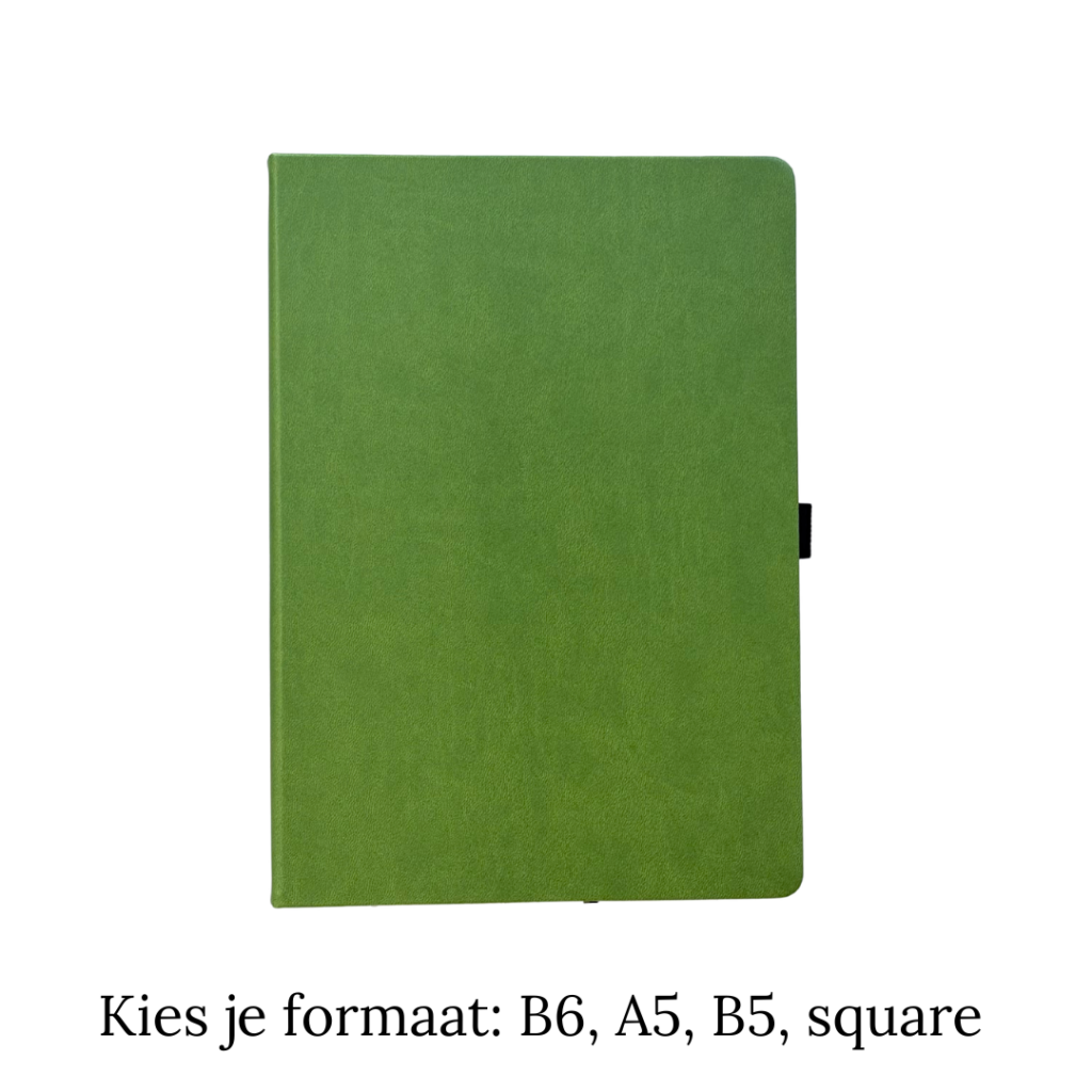 Groen notitieboek met zwarte band en gladde kaft