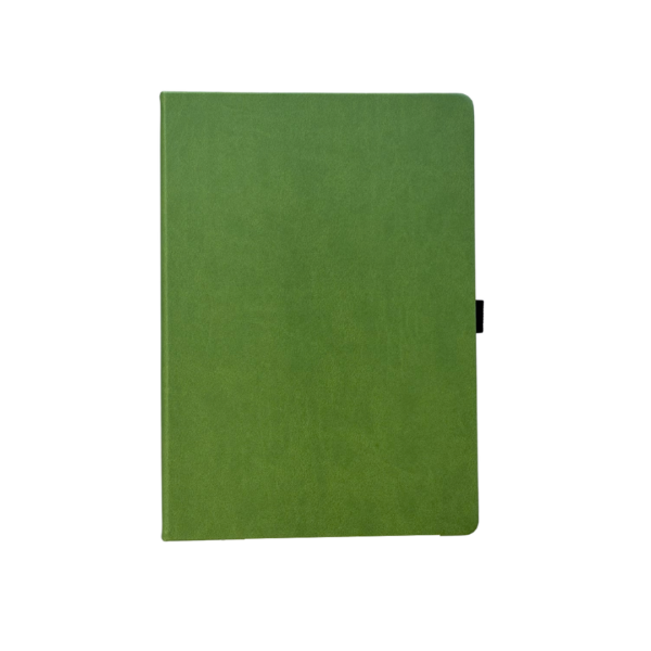Groen notitieboek met zwart elastiek op witte achtergrond