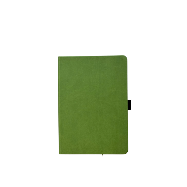 Groen notitieboek met zwart elastiek en ronde hoeken