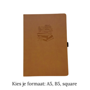 Notitieboek met bloemen- en boekenillustratie op bruine kaft