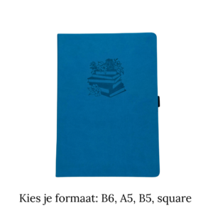 Donkerblauw notitieboek met bloemen- en boekenillustratie op de voorkant