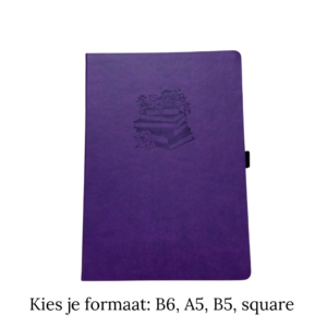 Donkerpaars notitieboek met bloemen en boeken op de cover