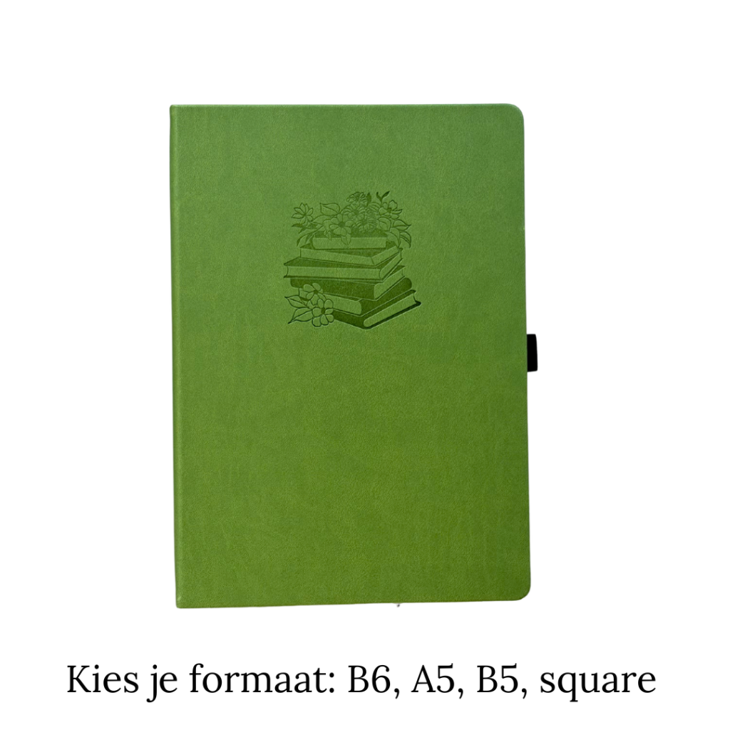 Groen notitieboek met gestempeld boeken- en bloemenmotief op de voorkant