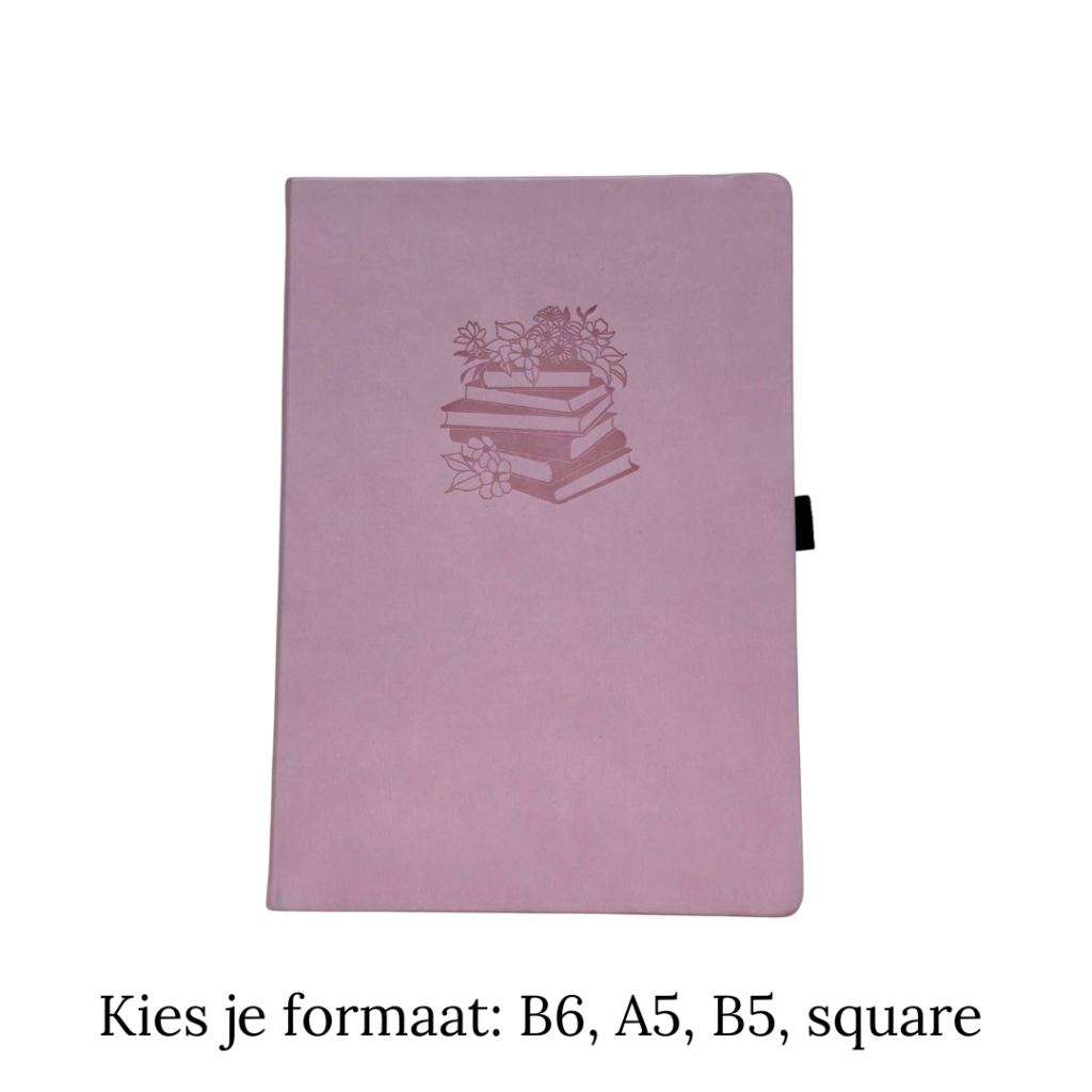 Lichtroze notitieboek met bloemen- en boekenillustratie op de voorkant