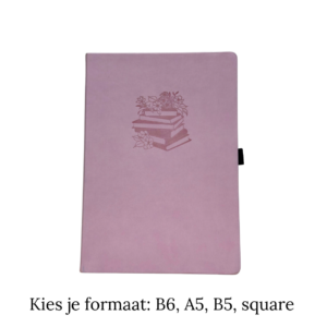 Lichtroze notitieboek met bloemen- en boekenillustratie op de voorkant